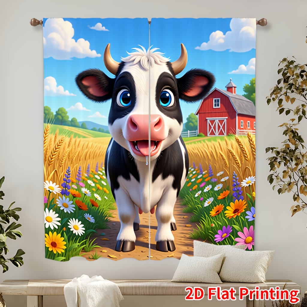 TEMU [ Product] 2pcs Curtain Cartoon Cow Pastoral Landscape Printed Curtains, Soft Light, Privacy Protection, Pocket Rod Installation Suitable For