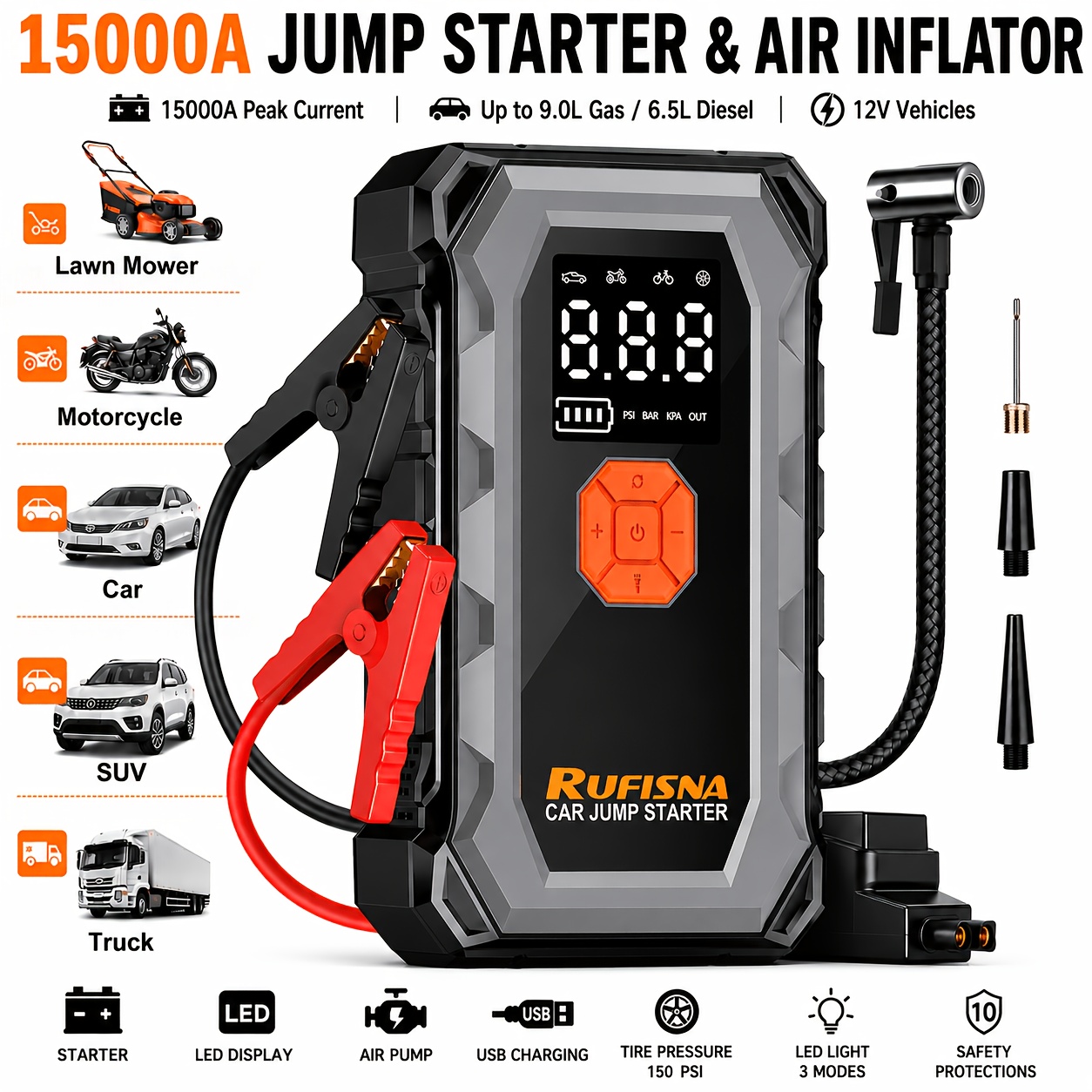 item picture 15000A~18000A Peak Portable Emergency Jump Starter with Air Compressor, 12V Car Battery Charger, 150PSI Rapid Tire Inflator, All-in-One Emergency Power Bank, LED Flashlight, USB Output Port, Heavy-Duty Emergency Jump Starter Suitable for Gasoline
