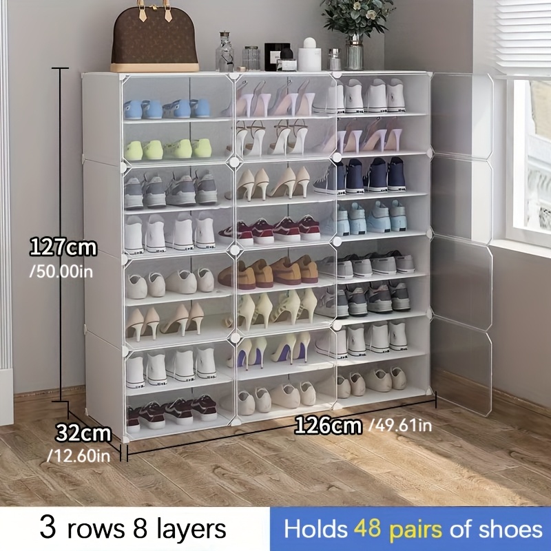 TEMU Large White Plastic Shoe Cabinet With 1/2/3 And 4/6/8/10 Layers, Featuring Multiple Compartments. This Classic Independent Shoe Storage Box Is