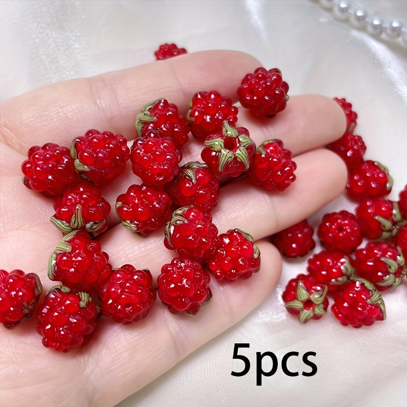 TEMU 5pcs Handmade Glass Raspberry Beads - Vibrant Red With Green Leaf Accents, Making (necklaces, Bracelets, Earrings) - Bulk Pack, Jewelry Making Supplies|vibrant Bead Design|glossy Finish