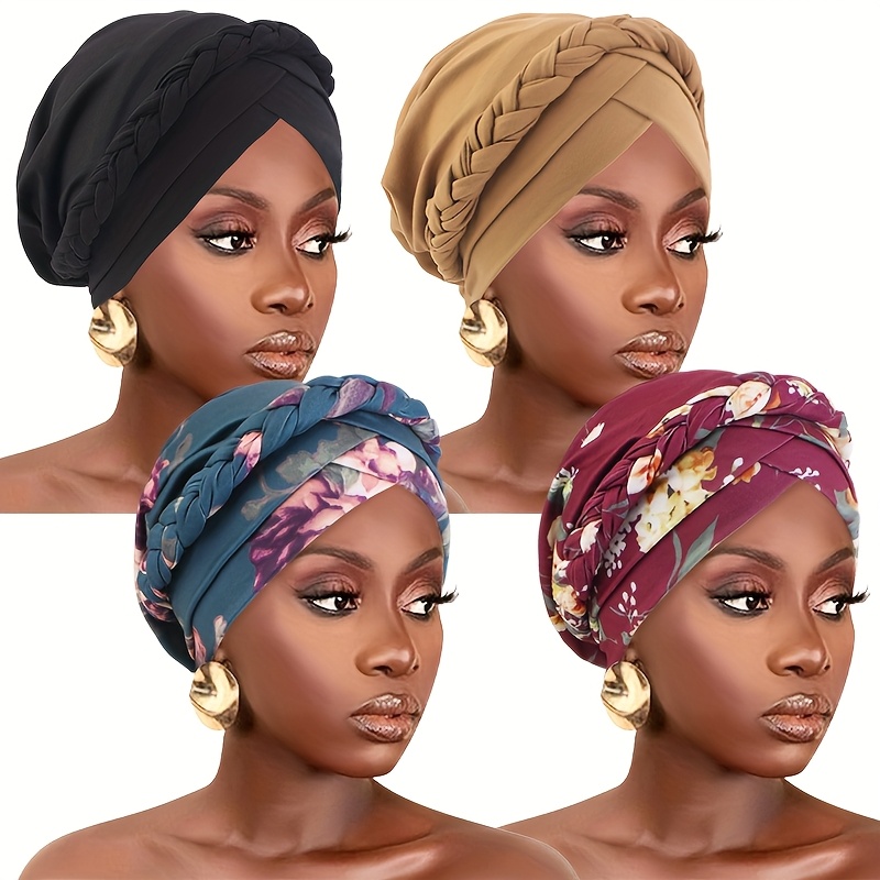 4pcs Set Of Printed Twisted Braid Double Cross Headscarf Hat, Solid Color Bohemian Style Head Wrap, Ethnic Fabric Hat, Solid Color Ethnic Style Headscarf Hat, Cap