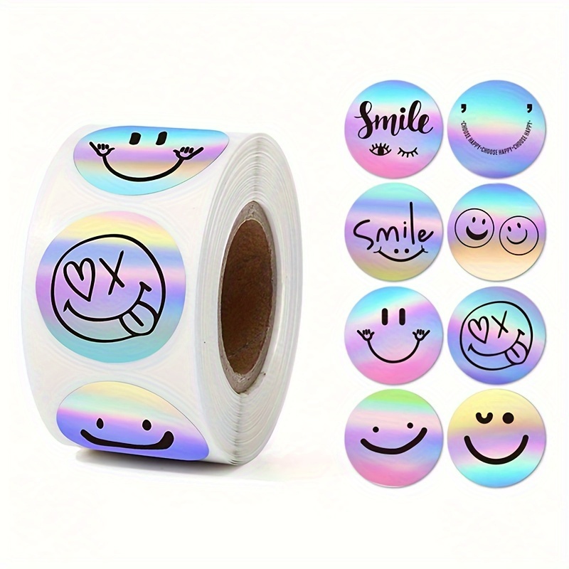 

500pcs/roll 8 Patterns, Rainbow Laser Stickers, Happy Face Thank You Stickers, Rolls Of Laser Self-adhesive Labels