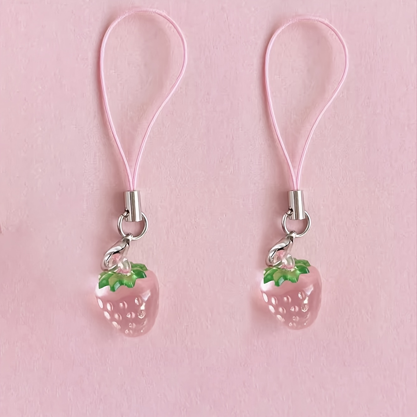 

2pc Cute Strawberry Phone Charms Resin Pendant With Created Diamond Accents, Mini Fruit Charm Mobile Lanyard Accessories