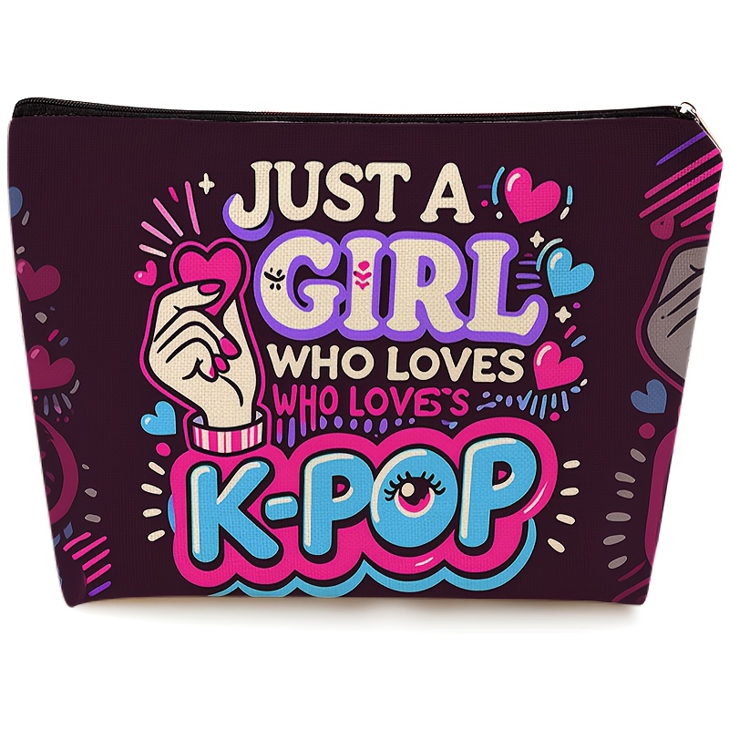 TEMU A Makeup Bag - Just -, Featuring Korean Letters And Heart Gesture Patterns, In Vibrant Purple And Pink, With A Secure Zipper Closure, Made From Fragrance-free Fabric