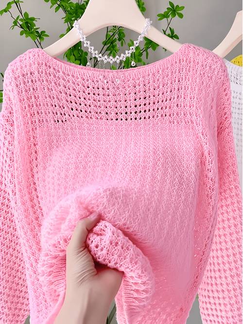 womens hollow out pullover lightweight crochet neck long sleeve solid color casual layering top for daily wear travel streetwear for smaller frames runs small not sized for men check size chart before ordering