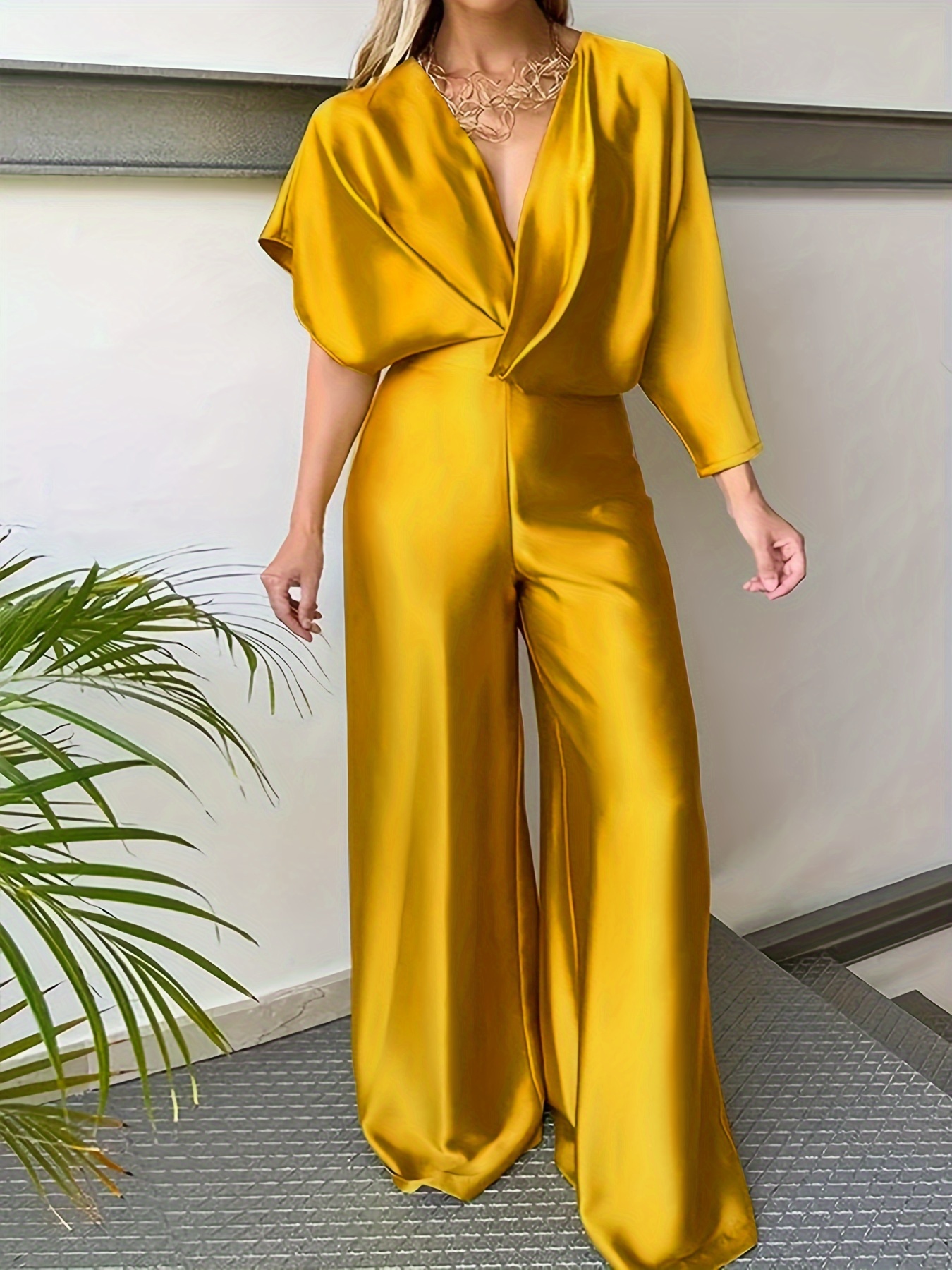 plus size solid satin jumpsuit elegant asymmetrical sleeve Temu Oman