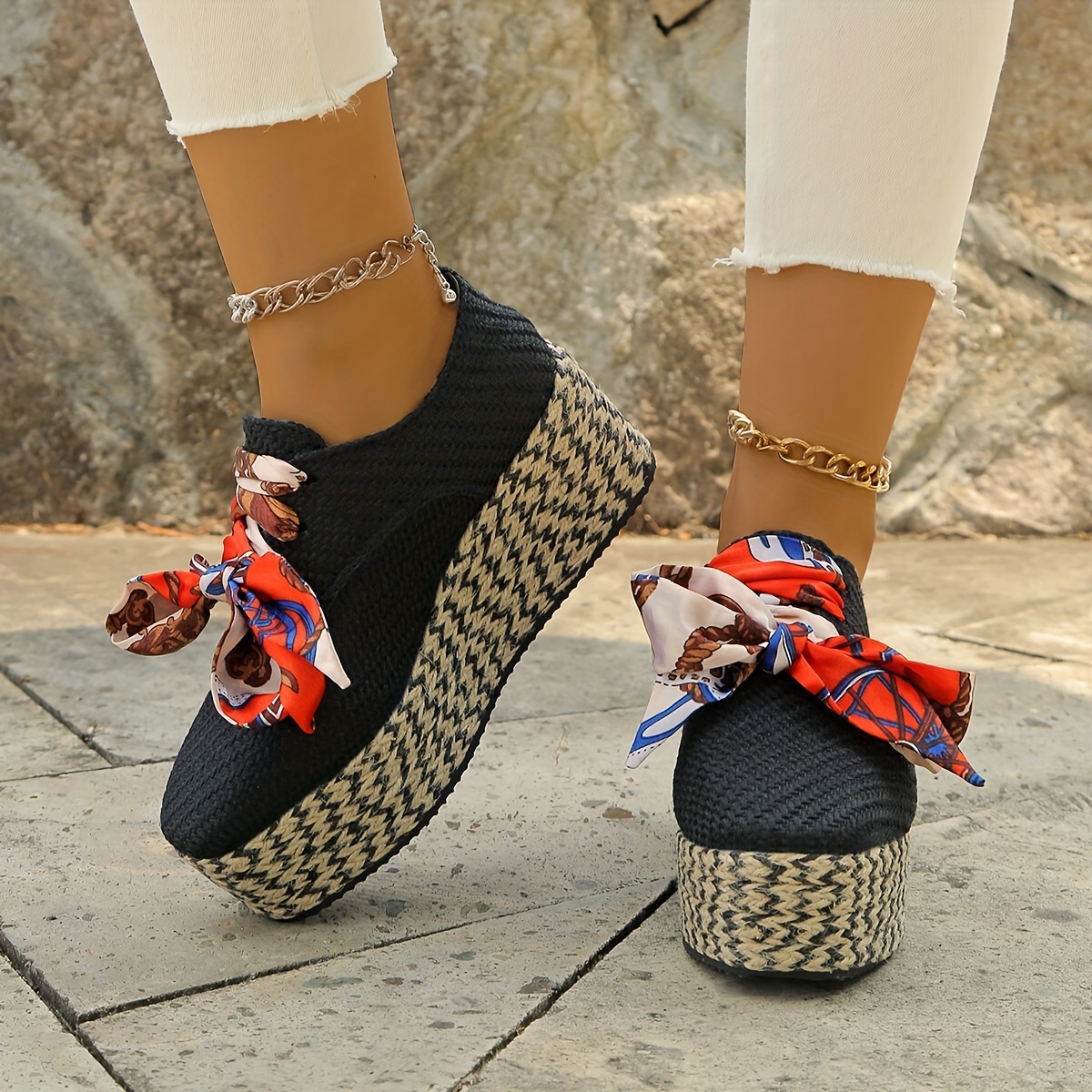 Women's Chunky Platform Wedge Shoes with Pattern Colorful Ribbon Bow  Adjustable Lace-Up Ankle Strap, Breathable Fabric Upper for Casual