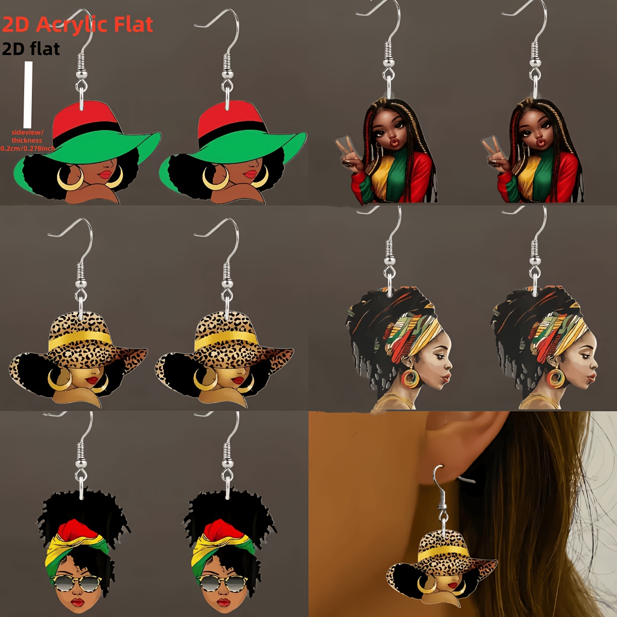 TEMU 2d Flat African-inspired Earrings | For Festivals, Parties | Ideal Gift For Unique, Ethnic Styles | Acrylic With Iron Ear Needles | Suitable For