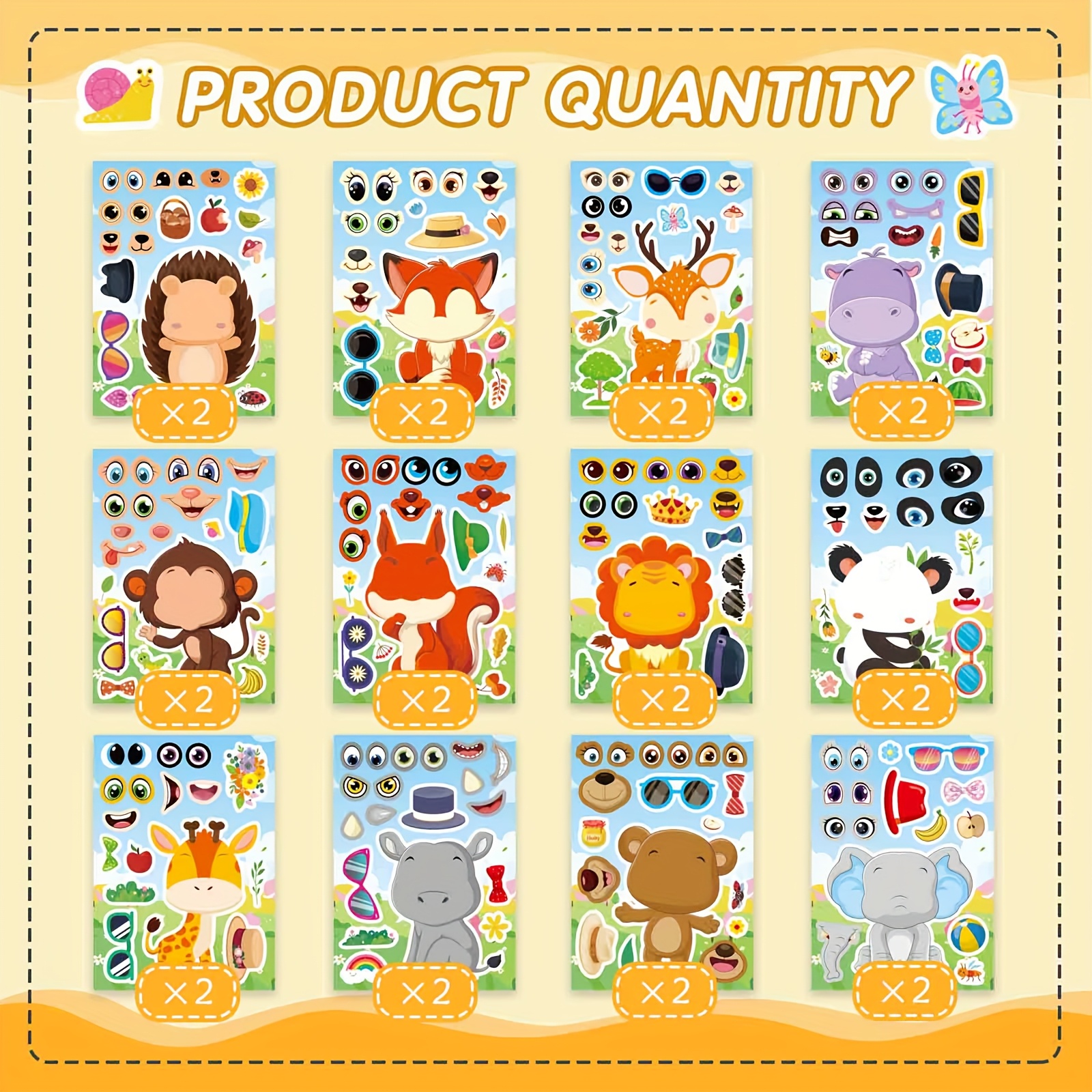 Image of 24 Sheets Make A Face Stickers, Animal Stickers For Kids Make Your And Match Sticker Sheets With 12 Wild Animals Designs, Fox Elephant Hedgehog, Kids Party Favors Activities