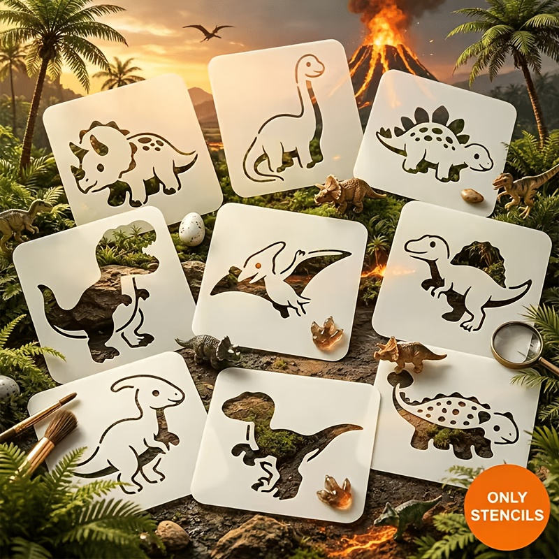 TEMU 9pcs Dinosaur Template - Reusable Painting Template, Art Craft Decoration Prehistoric Animal Design Template, Handmade Creation For Greeting