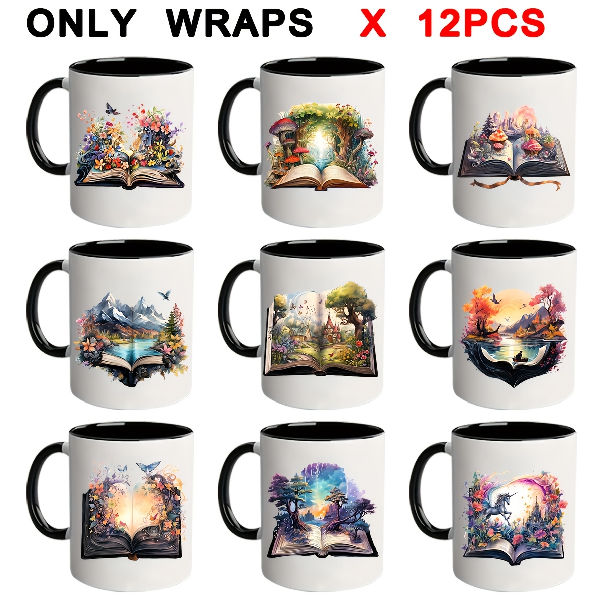 

12pcs Themed Uv-printed Pvc Mugs, Diy Cup Decals, Waterproof & Design, Art Crafting Mugs Set