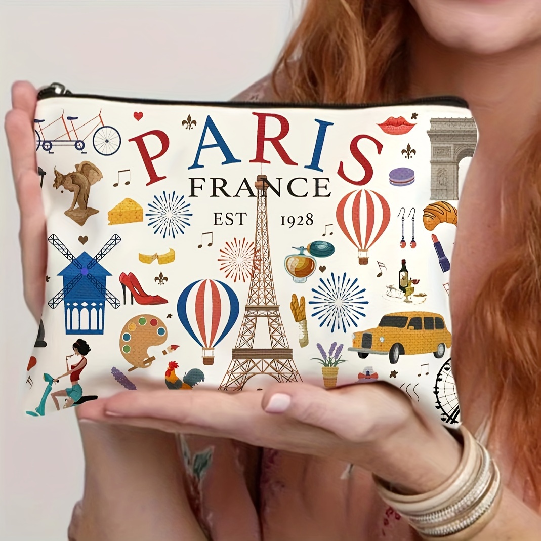 TEMU Paris France Themed Canvas Cosmetic Bag - Lightweight, Foldable Travel Toiletry Pouch With Zipper Closure, Wet Wipe Clean, Multi-use For Cosmetics, Stationery, Toiletries