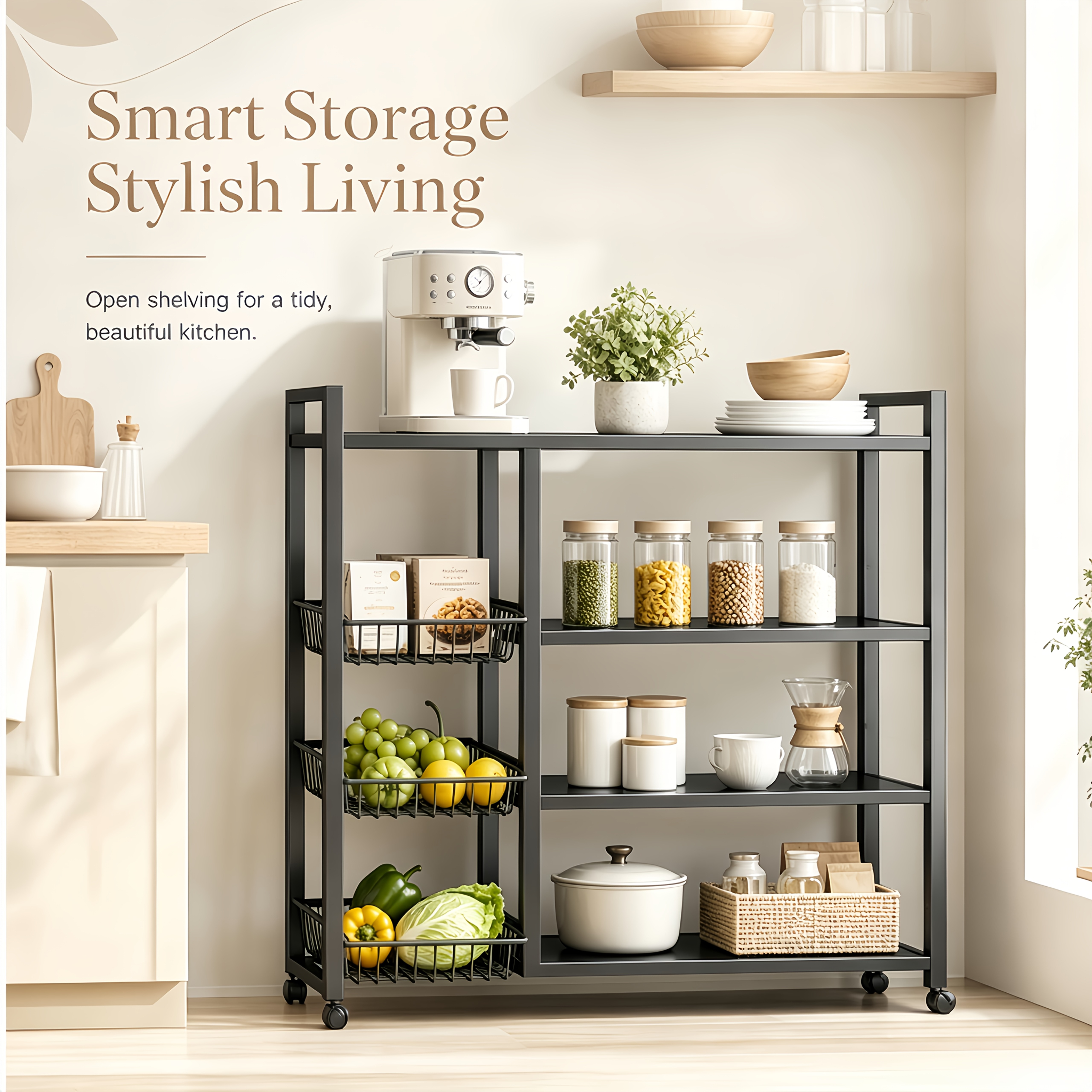 TEMU Heavy-duty Adjustable 4-tier Mobile Storage Shelf With 3-tier Wire Shelves And 4-wheel Base - Carbon Frame Freestanding Shelving Unit Suitable
