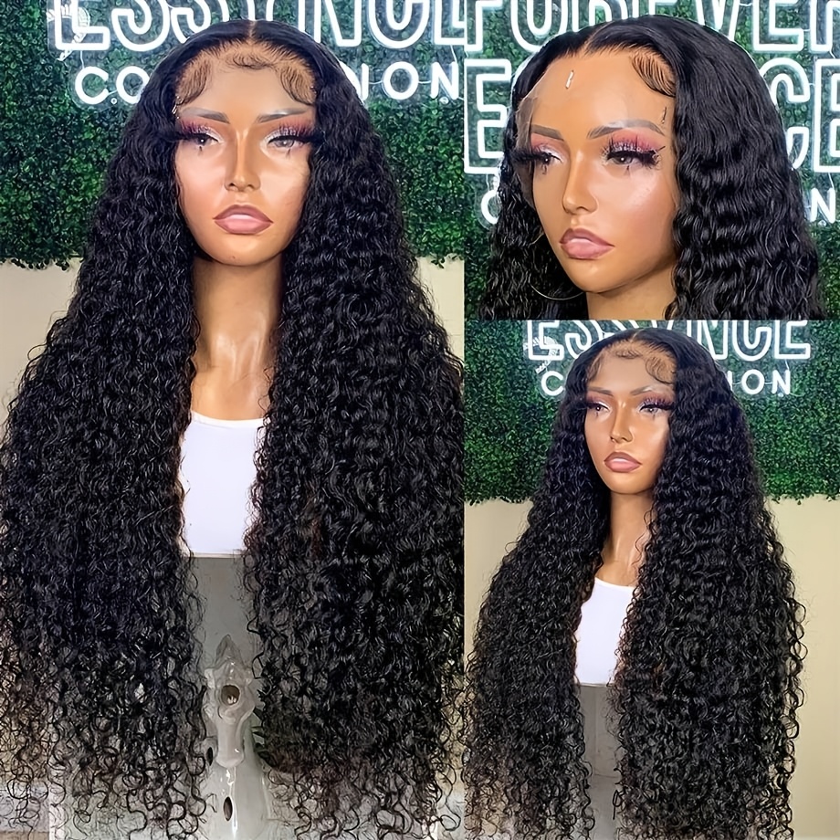 TEMU 26 Inch Long Natural Black Deep Wave Lace Front Wig For Women - 180% Density, 13x4 Curly Lace Area, High-quality Heat Resistant Fiber, Versatile Styling Options