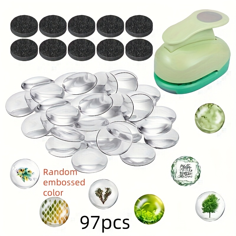 Image of 97pcs Refrigerator Magnet Kit Includes 1-inch Paper Punch, Magnets With Adhesive Backing 48pcs, And Clear Glass Cams For Refrigerator 48pcs (embosser Colors Are Random)