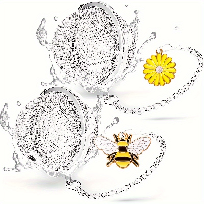 Image of Tea Strainers For Loose Tea, Set Of 2 Stainless Steel Tea Ball, With Durable Hanging Chain, Tea Infuser With Honeybee & Honey Beehive Charm Pendant Loose Leaf Tea Steeper