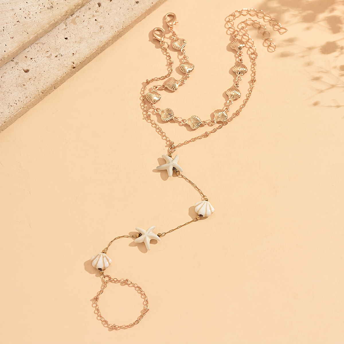 TEMU 2pcs Ocean Artificial Shell Starfish Slave Bracelet Set For Women Dainty Hand Chain With Ring Summer Beach Boho Women Jewelry