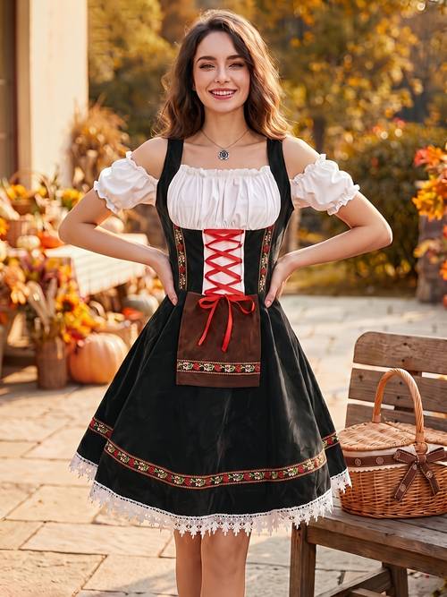 varebillede bayersk oktoberfest traditionel kjole dame tysk karneval fest outfit ølmaid kjole retro slips-string blonde flæse aftenkjole off-shoulder performance kostume halloween tema fest scene performance cosplay beklædning europæisk karneval