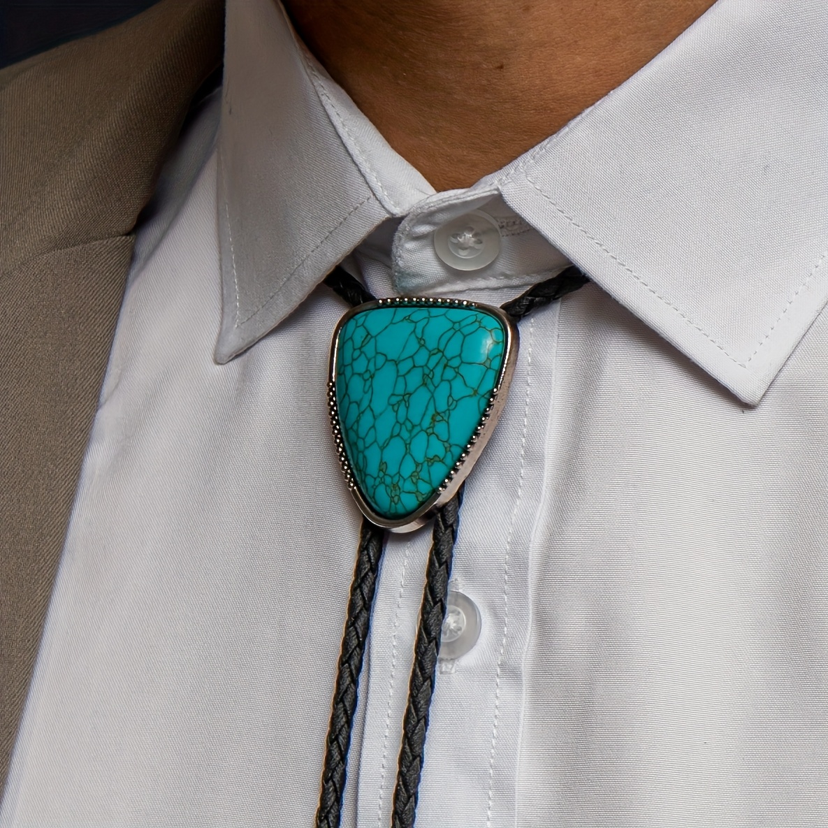 Western Style Bolo Tie Necklace with Turquoise Stone, Adjustable Length