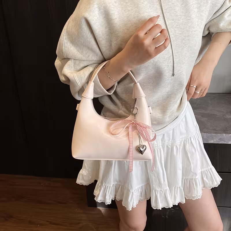 Chic Solid Color Decorative Handbag - Fashionable Crossbody Moon-Shaped Handbag with Zip Closure, Polyester Lining, And Edge Paint Detail - Available in White, Pink, Blue, Black - Ideal for Various Occasions, Purse Accessories