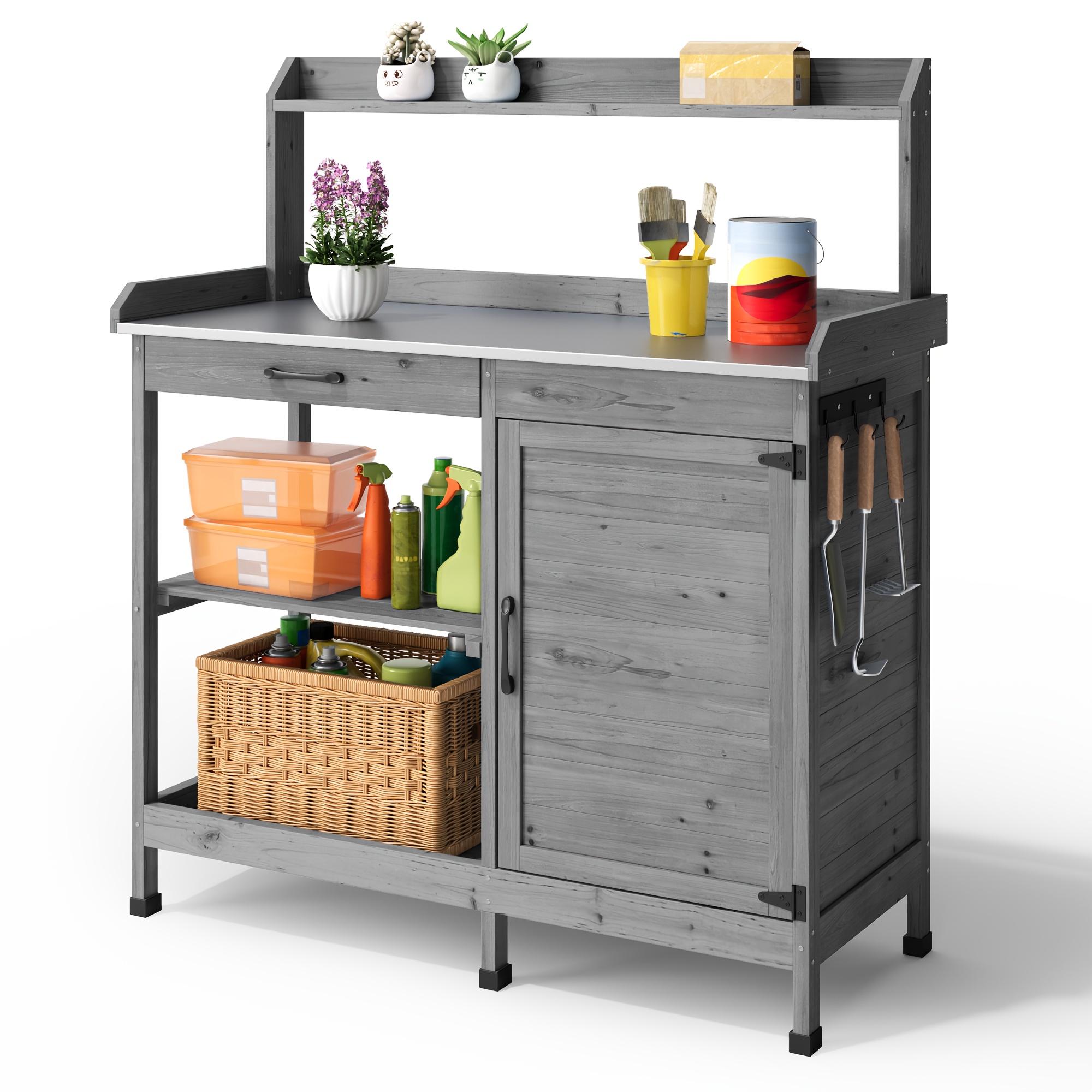 Image of Gardening Workbench, Plant Table With Base Cabinet And Shelves, Garden Cabinet With Metal Worktop, Equipped With Convenient Side Hooks, Suitable For Indoor And Outdoor Storage And Gardening Work