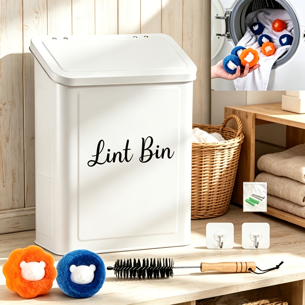 TEMU Magnetic Lint Bin For Laundry Room With 2pcs Pet Hair Remover, Metal Dryer Lint Trash Can Box With Lid, Wall Mounted Lint Collector Includes