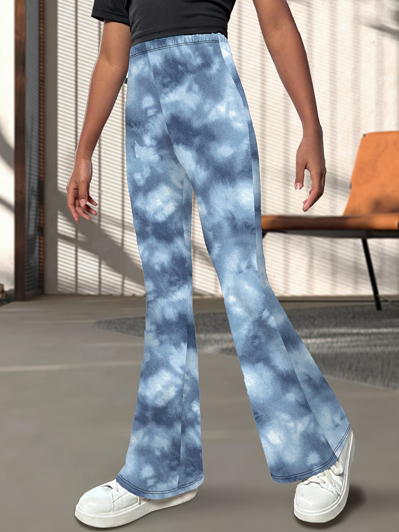 girls stretchy tie dye bell bottom pants fit high Temu Canada
