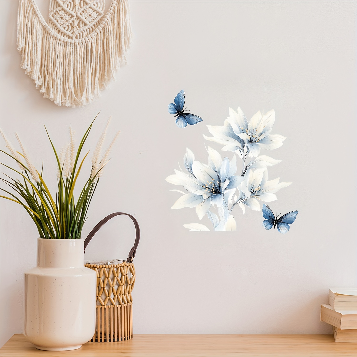 

Contemporary Flower Wall Stickers, 1pc White And Blue Floral & Butterfly Vinyl Decals, , Self-adhesive Oblong Shape For Bedroom, Living Room, Office - Detachable Art , No Battery Needed