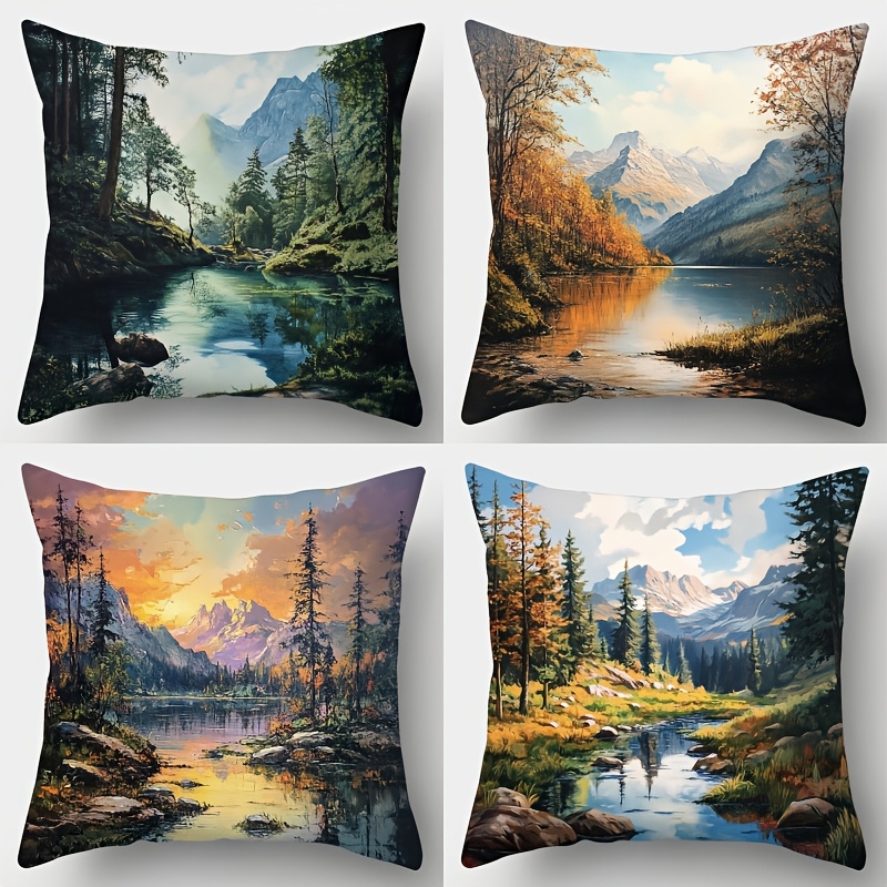 

4-pack Modern Scenery Printed Pillowcases, 17.7"x17.7" Soft Polyester Zippered Cushion Covers, Machine Washable, Contemporary Woven Decorative Pillowcases For Living Room Sofa And Bedroom - No Insert