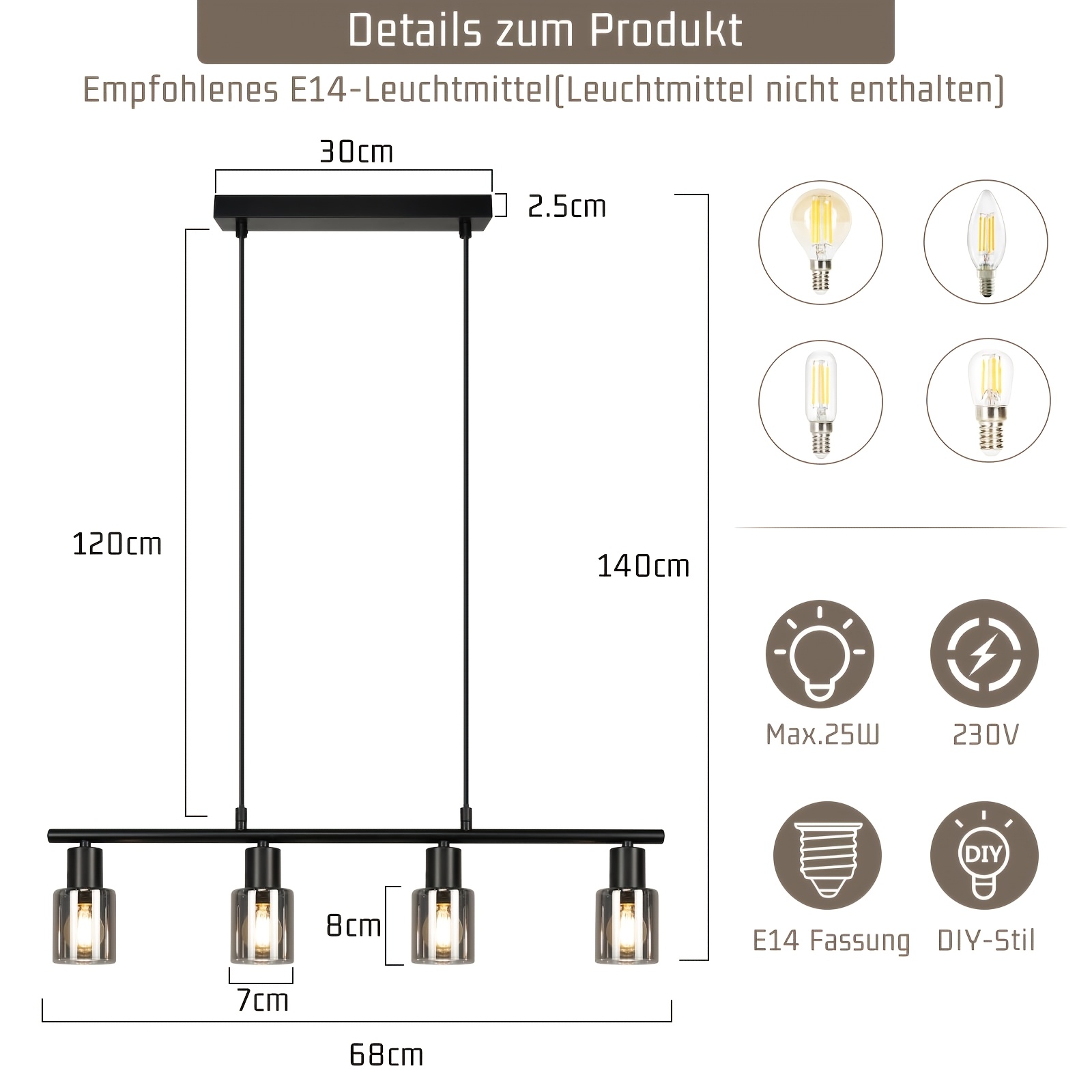 Image of Pendant Lamp 4-flame Pendant Light Dining Table Table Lamp Hanging Black Industrial Pendant Light Glass E14 Retro Dining Room Lamp Pendant Lamp For Dining Room Kitchen (bulb Not Included)