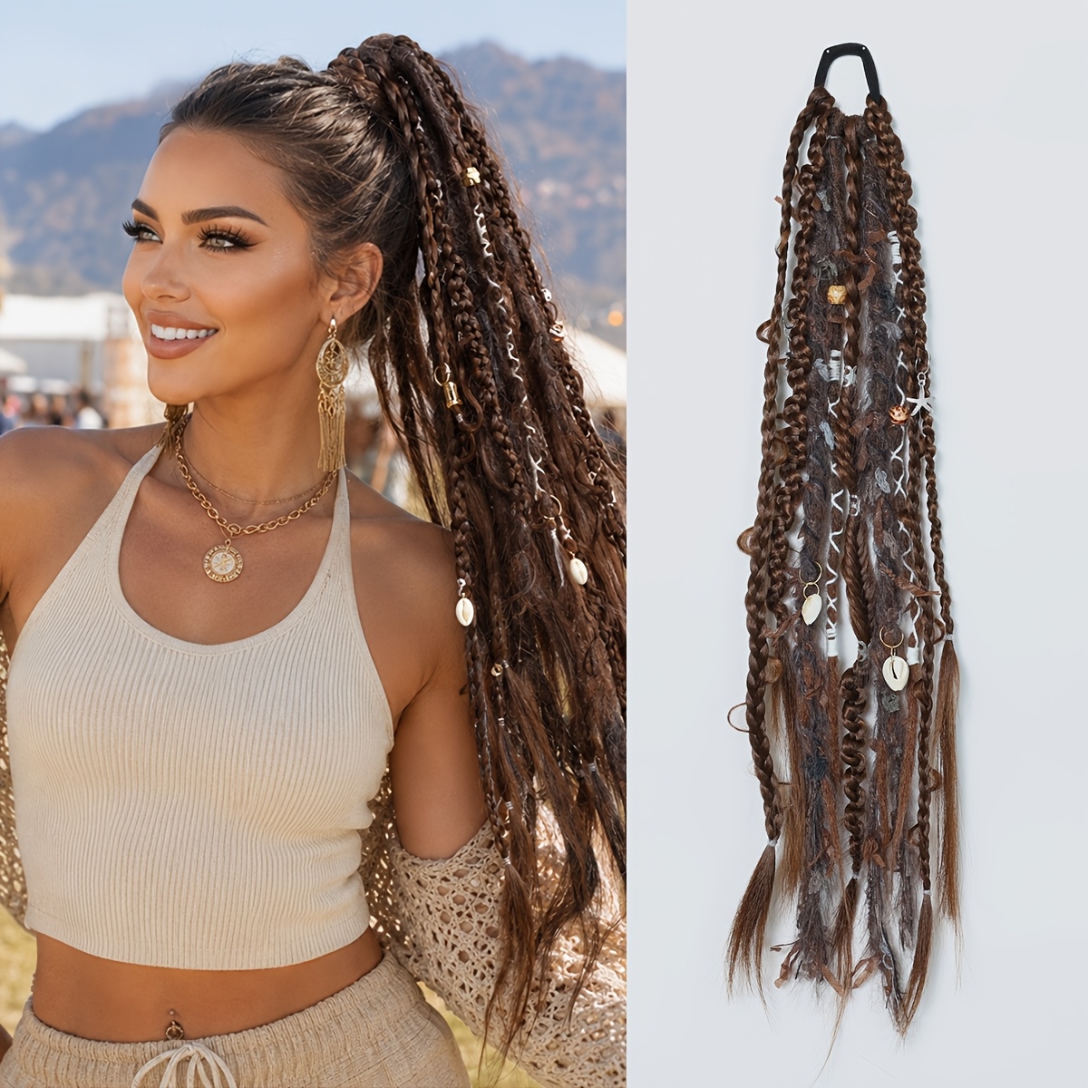 1pc Bohemian Braided Hair Extension, 24 Inch/60cm Synthetic Fiber Boho Dreadlock Ponytail Hairpiece With Beads & Charms, 100g Festival Hair Accessory For Women