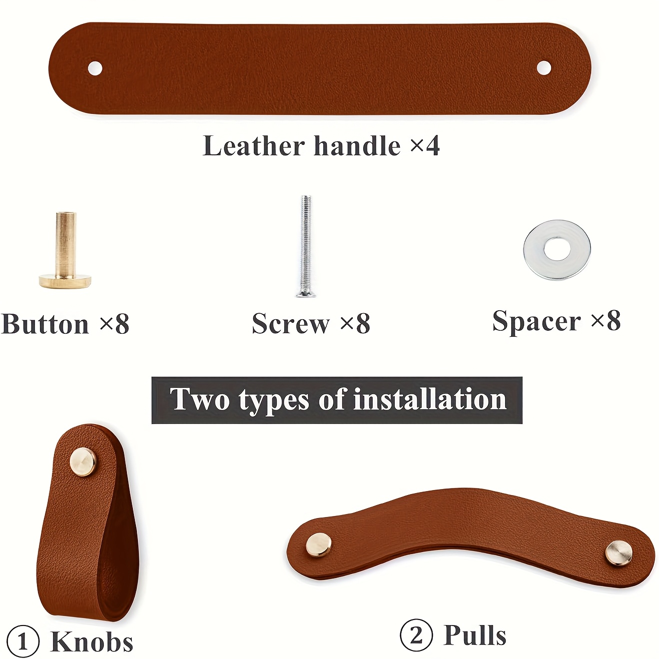 TEMU 4pcs Set Handmade Vintage Leather Furniture Handles With 8 Brass Buttons - Kitchen Wardrobe Bathroom Vanity Dresser Drawer Cabinet Door Handles