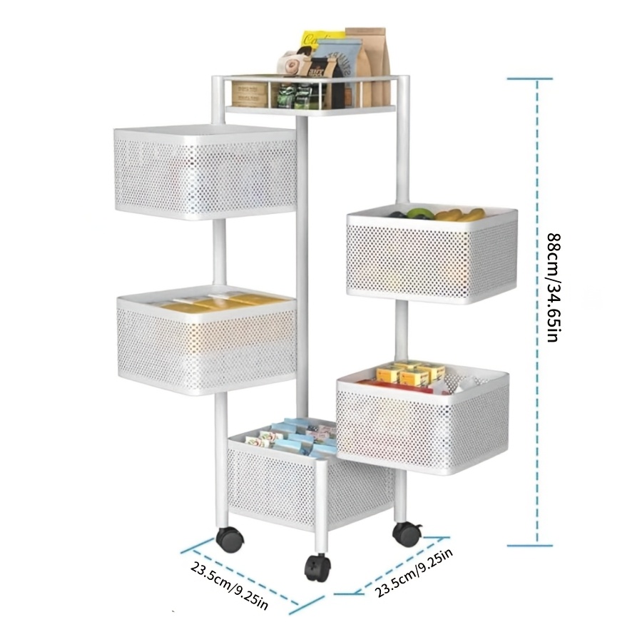 Rotating Kitchen Storage Shelf 5 Tier, Metal Fruit Vegetable Storage Basket Multi-Layer Vegetable Rack Storage Trolley on Wheels, Floor-Standing Basket for Kitchen Bathroom, Square