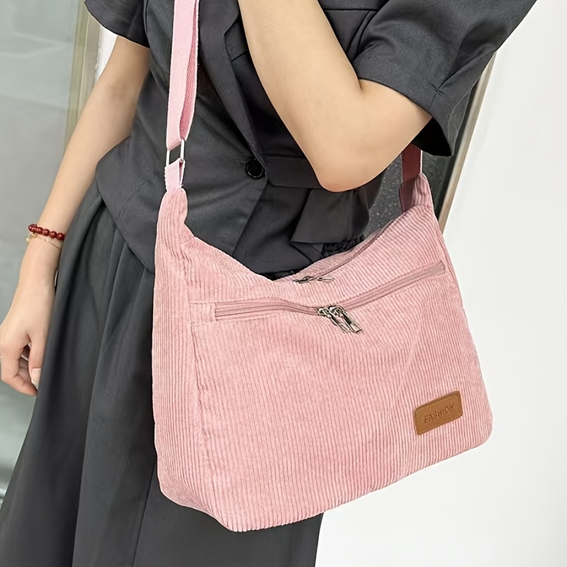 Image of 1pc Ins New Diagonal Cross Bag Corduroy Handbag Tote Bag Korean Version Solid Color Popular Striped Shoulder Bag Women' Trendy Korean Japanese Corduroy Bag College Style Korean