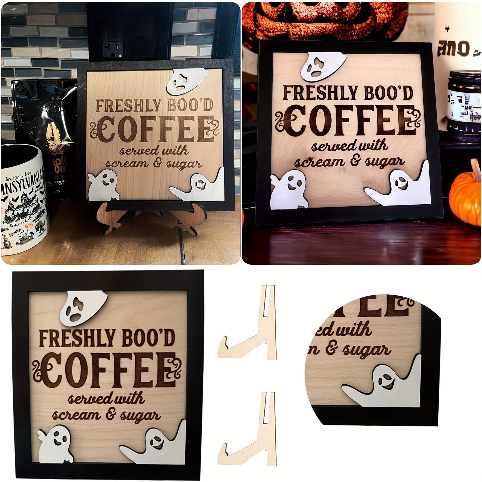

1pc 3d Double-layered Wooden Coffee Sign, Funny Halloween Theme "freshly Boo'd Coffee" With Ghost Accents, Classic Style For Home Decor, Festive Kitchen Sign With Stand