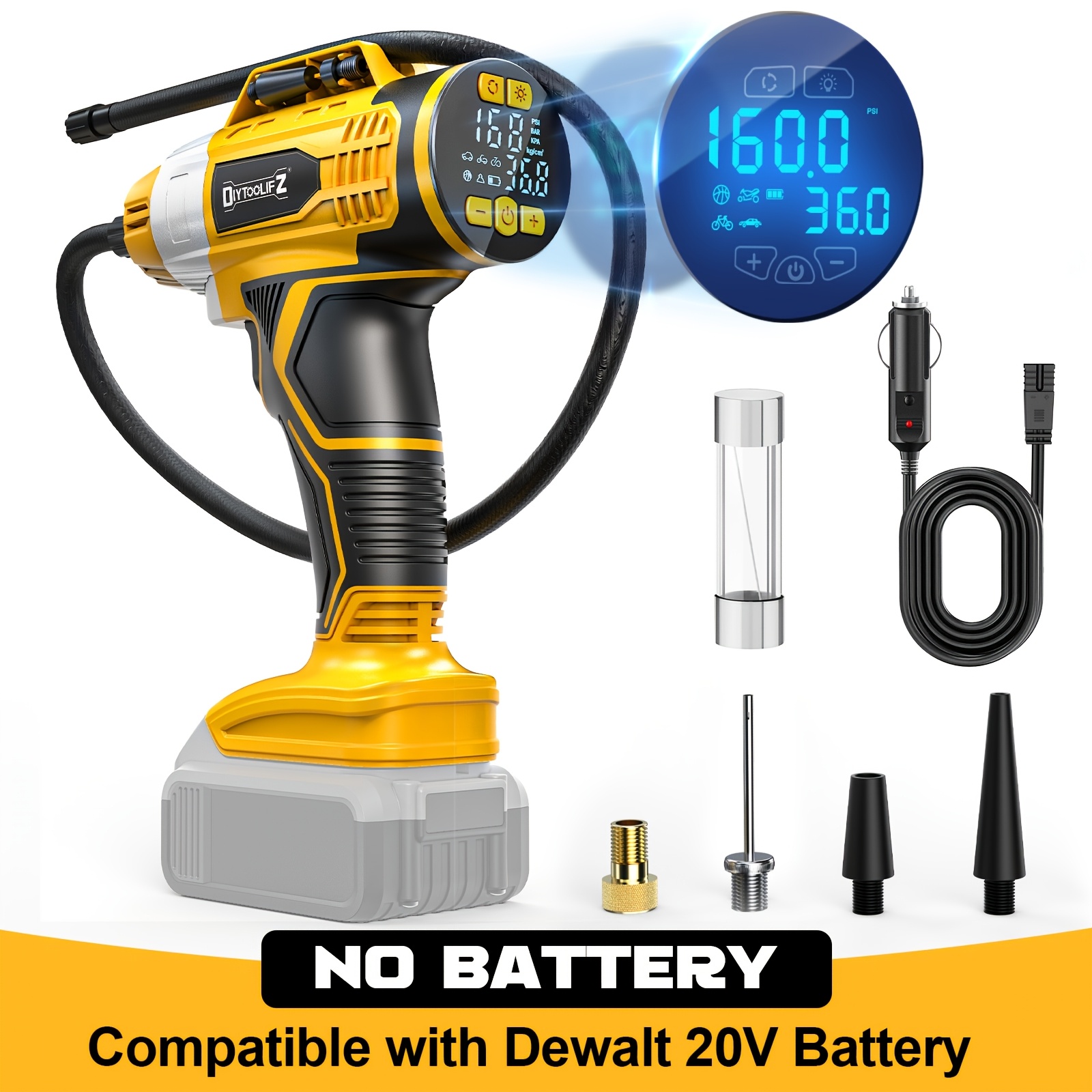 TEMU Diytoolifz Tire Inflator Air Compressor, Compatible With 20v Battery And 12v Car Lighter, 160psi Handheld Pump With 27mm Cylinder 12ft Cord
