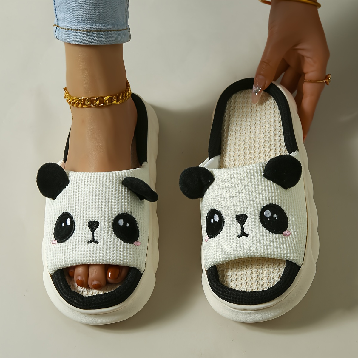 

Cute Panda Linen Slippers, Soft Sole Flat Home Warm Shoes, Novelty Cartoon Slip-on, Non-slip Bedroom Comfort Slippers