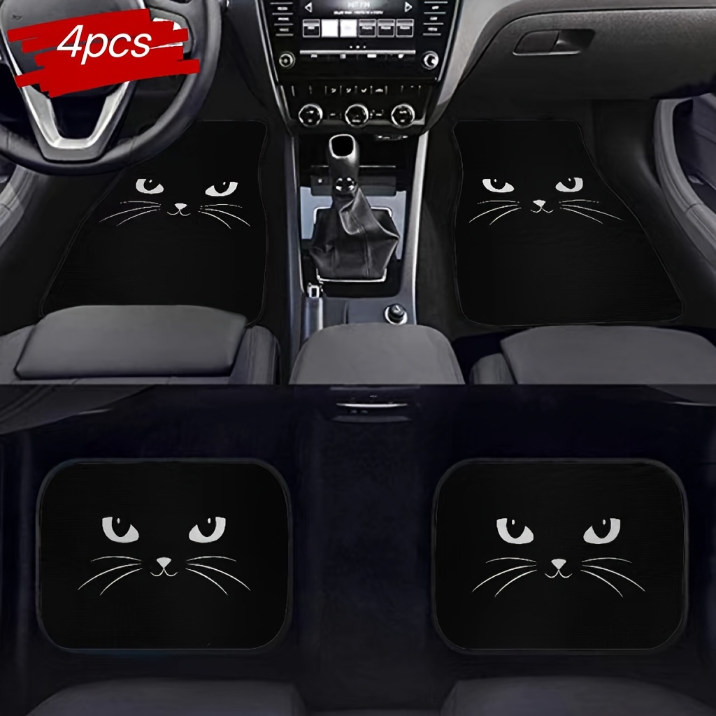 

4pcs Black Cat Themed Car Floor Mats - Fit For Sedans, Suvs & Trucks, Polyester Interior Accessories