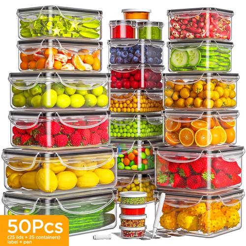 50pcs food storage container set with lids reusable plastic containers 25 lids and 25 containers kitchen organizers and storage lunch prep containers christmas halloween and back to school meal prep