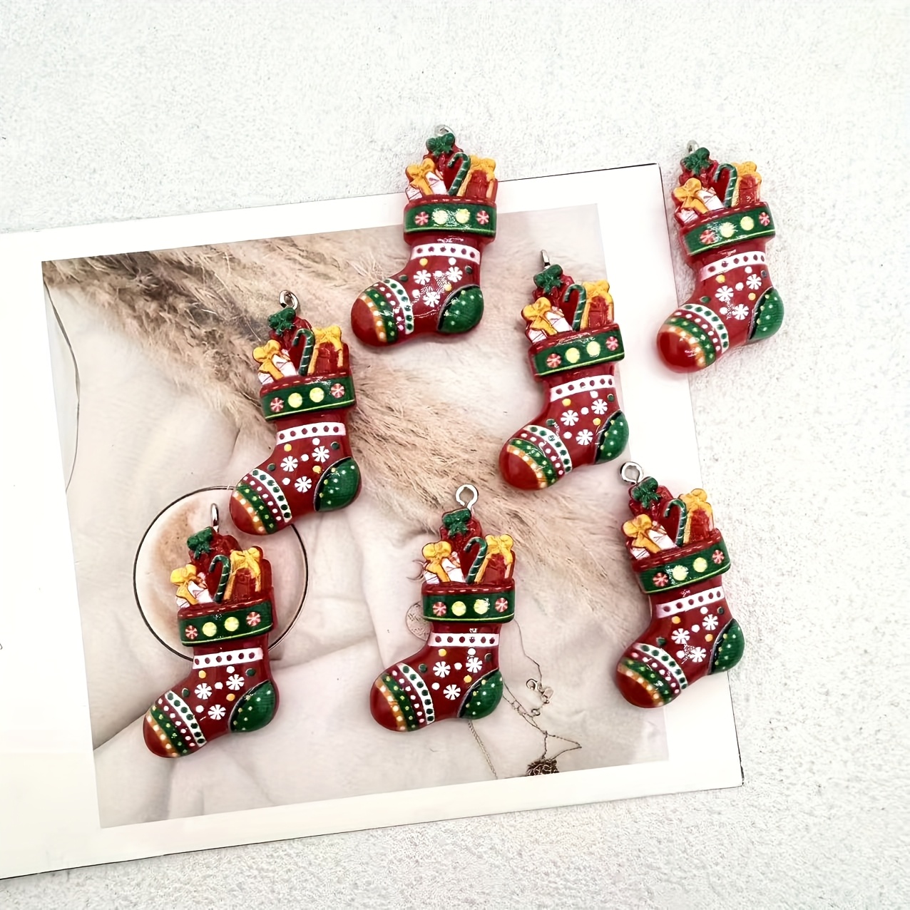Image of 7pcs Resin Christmas Sock Pendants, Suitable For Jewelry Making, Perfect For Earrings, Necklaces, And Bags