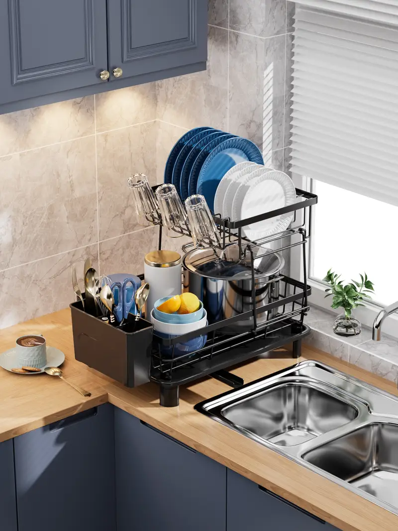2 tier dish drying rack with metal and plastic kitchen dish drainer with utensil holder anti rust compact countertop dish rack organizer 1pc dish racks for home kitchen storage Product details 5