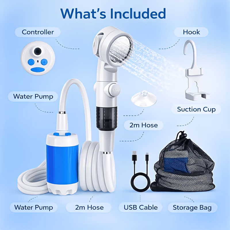 TEMU Rechargeable Portable Camping Shower, Ipx7 Waterproof Electric Water Pump Shower, With 4000mah Battery, Type-c Usb Charging, 78.74-inch Hose, 3