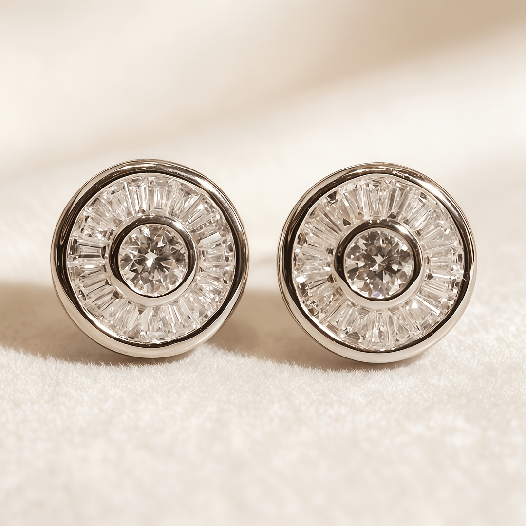 TEMU 1 Pair Copper Material Round Full Pave Square Synthetic Synthetic Zircon Stud Earrings, Vintage Sun Flower Ear Jewelry, Banquet Wedding Daily