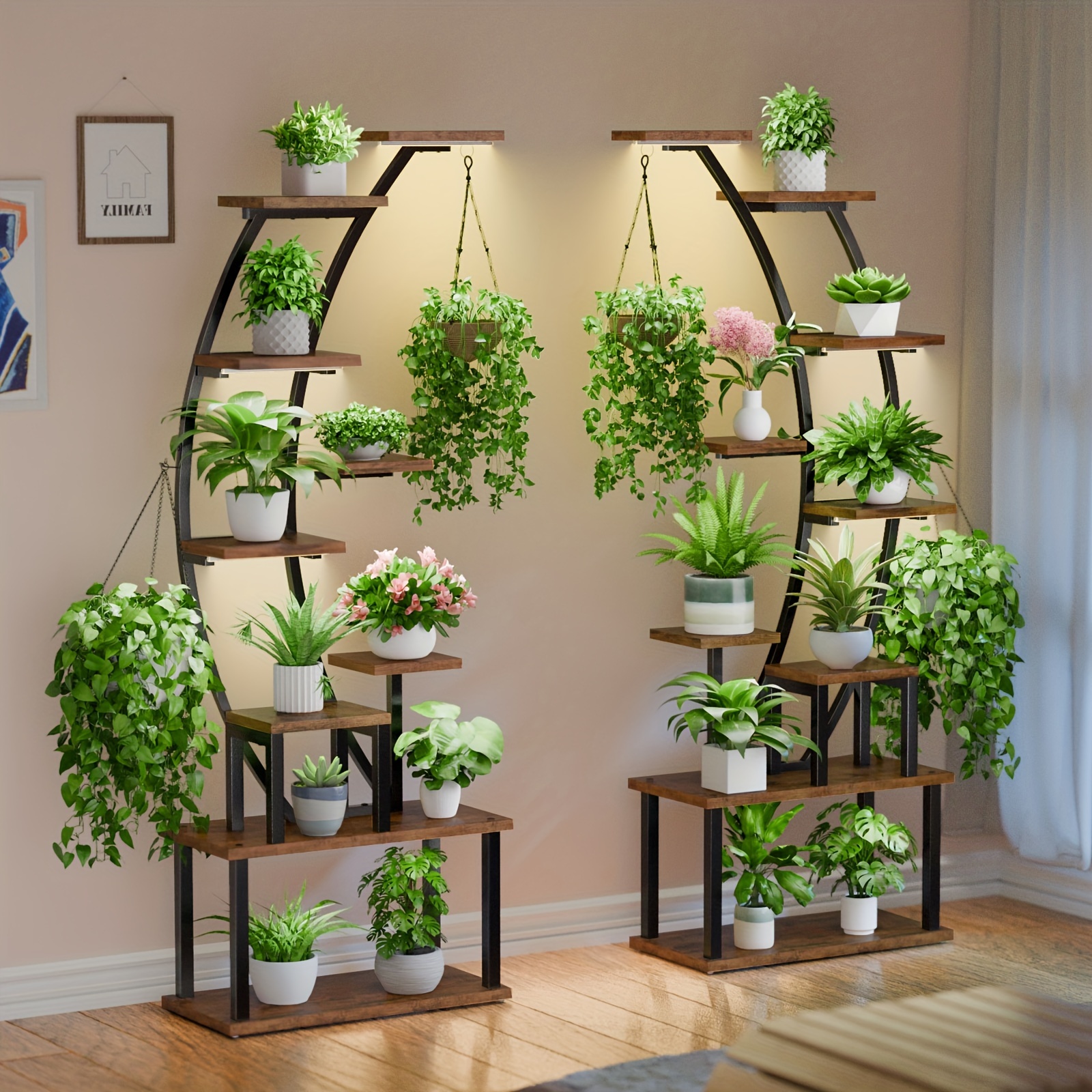 Image of 2pcs Indoor Plant Stand With Grow Light, 9-tier Metal Plant Stand, 160cm Plant Stand For Indoor Plants, Curved Plant Stand For Living Room, Balcony Corner Stand Without Adapter