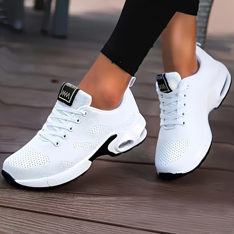 Women'S Air-Cushioned sneakers with a Lightweight Sole, Classic Running Shoes, Breathable Mesh Lace-Up Casual Shoes, Comfortable Upper, Solid Color, Minimalist Style, Suitable for Various Sports, Daily Work, Vacations, And Travel