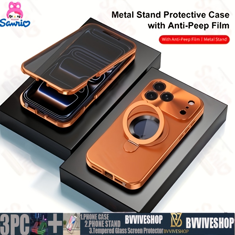 TEMU 3pcs-( Phone Case + Stand + Tempered Glass Screen Protector) This New Business-style Alloy Rotating Stand Phone Case Features A , Is Drop-proof