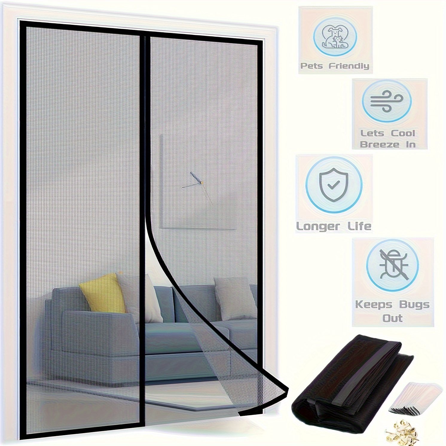 

1 Set 36 Inch X 82inch/39.4 Inch X 82inch Magnetic Screen Door (black), Self Sealing Heavy Duty Hands Free Mesh Partition, Keeps Bugs Out, For Hotel