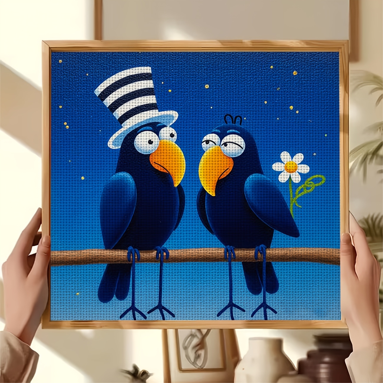 Cross-Stitch Kit Featuring Two Blue Birds Wearing Hats on a Branch