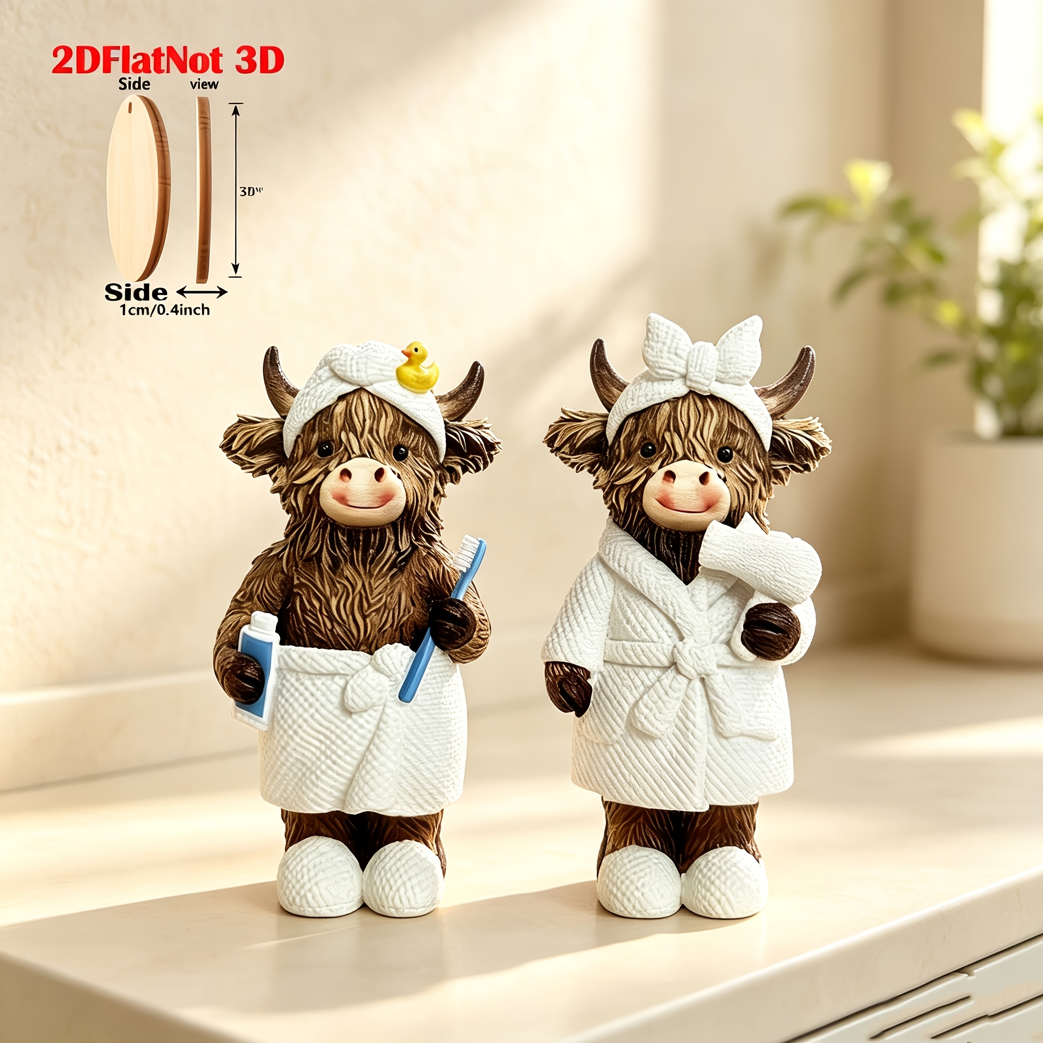 TEMU 2pcs Cute Highland Cow Bathroom Decor Set, Farmhouse Cow Figurine With Bathrobe, Fun Cow Statue Ornaments For Bathroom, Home, And Kitchen