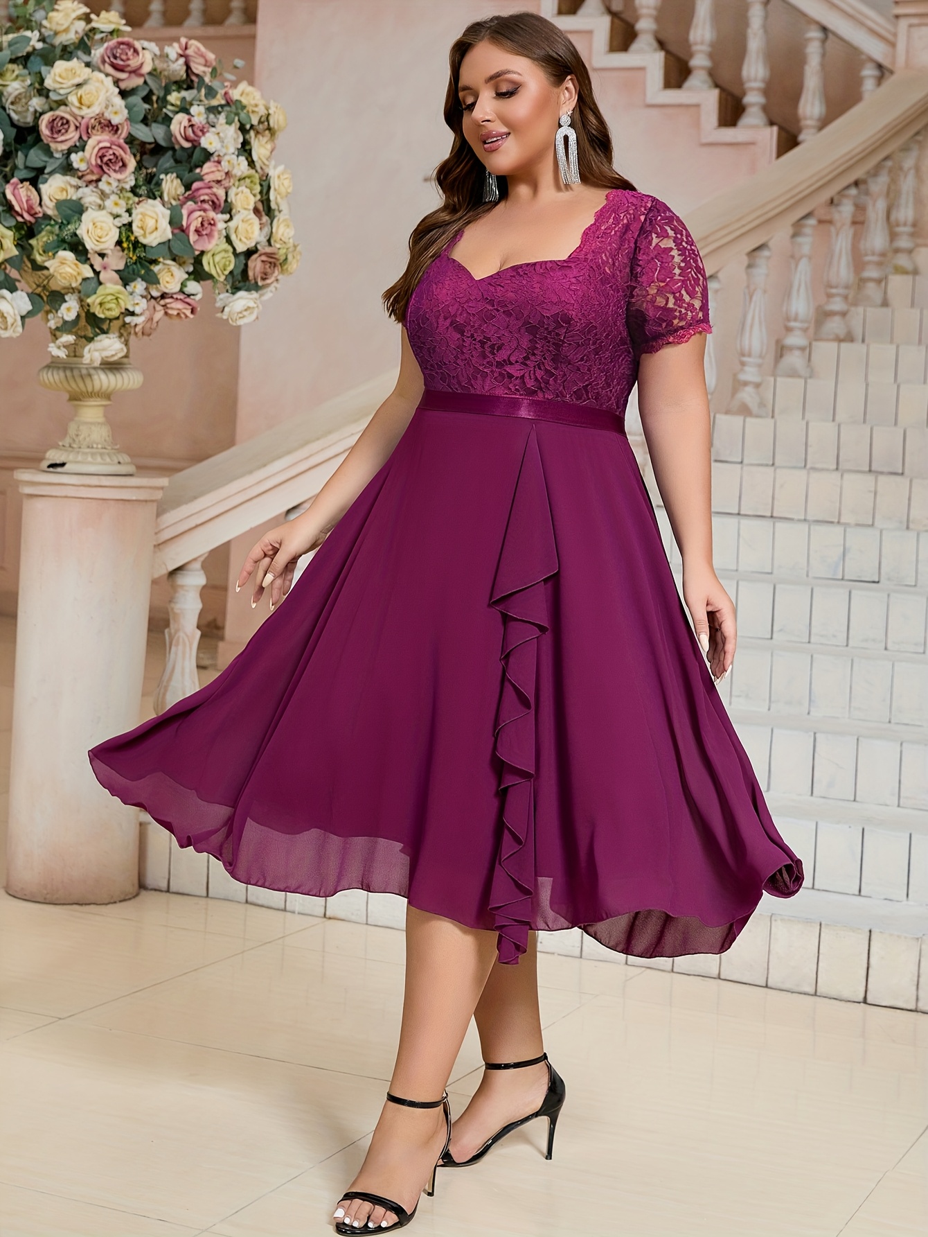 Plus Size - Plus Size - Plus Size Women'S Bridesmaid Dress, Lace Panel  Heart Neckline * Chiffon Dress, Cocktail Party Graduation Date Night  Semi-Formal Event